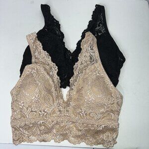 LACE Bralette Set 2PC Padded Black Tan Women's Size Medium